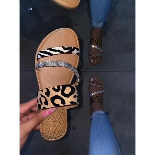 Leopard print slippers women 2020 summer sexy crystal bling lady flat Leisure shoes woman outside beach slip slides mujer36-41