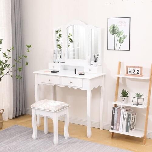 Bedroom Furniture Dressing Table With Mirror 4 Drawers 1 Stool Multifunctional Women Makeup Dressers Dressing Table HWC