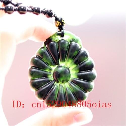 Natural Black Green Chinese Jade Sun Flower Pendant Beads Necklace Charm Jewelry Double-sided Carved Amulet Gifts for Her Women