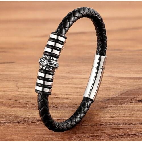 New Simple Stainless Steel Magnetic Buckle Bracelets & Bangles Black Genuine Leather Bracelet For Men Punk Charm Jewelry Gifts