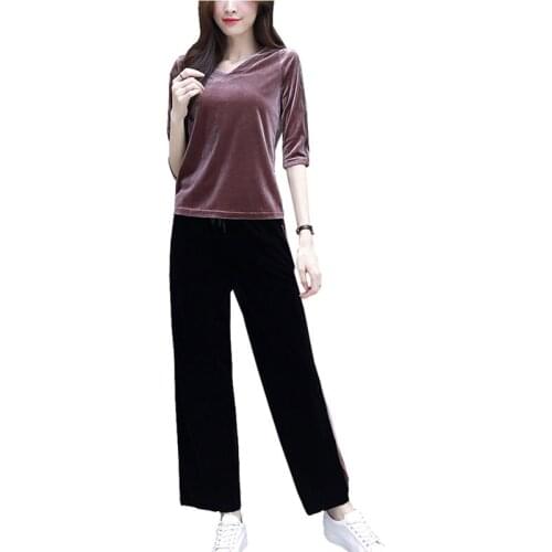 New Fashion Women Spring Autumn Suits V-neck Long-sleeved Long pants Gold velvet Suit Leisure Sports Wide-leg Suit Female OK718
