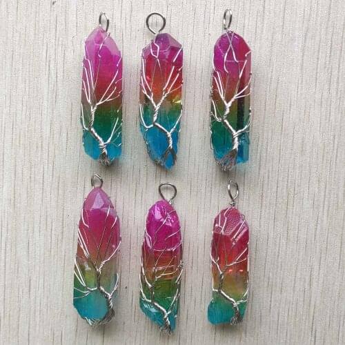 New Wholesale 6pcs/lot natural colourful crystal copper wire wrapped pillar shape pendants for necklace jewelry marking free