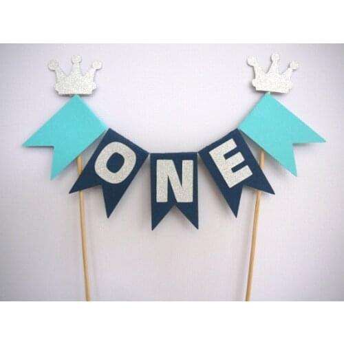 Personalised navy blue turquoise silver birthday cake bunting topper banner tools christening baptism Party baby shower decor