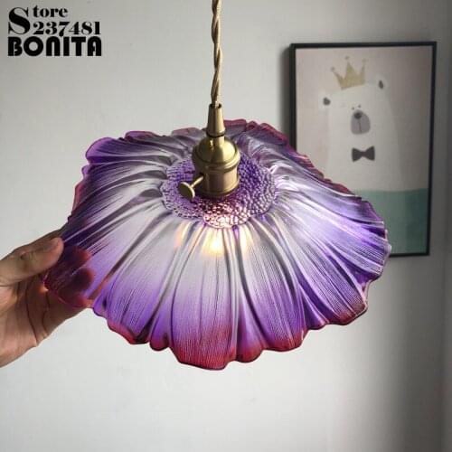 Brass glass droplight Retro simple lotus hanging lights bedroom Purple lotus leaf small pendant lights dinning room