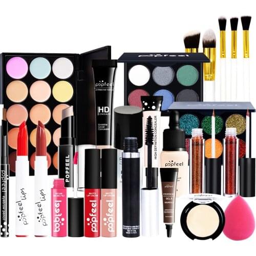POPFEEL All in One Makeup Set Brush Shimmer Glitter Eyeshadow Palette Mascara Eyebrow Gel Lipgloss Lipstick Gift Surprise