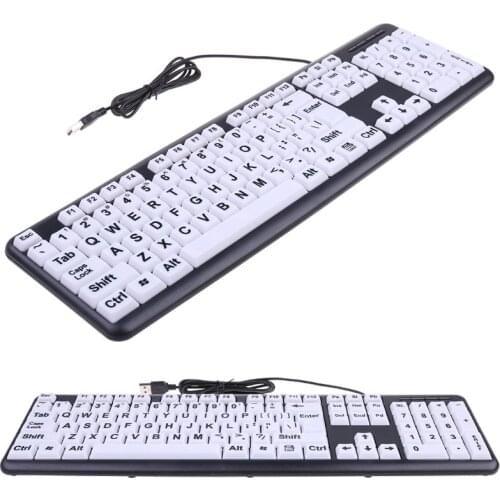 USB Wired PC Computer Game Gaming Keyboard High Contrast Large Print White Keys Black Letter for Old People Elderly Men