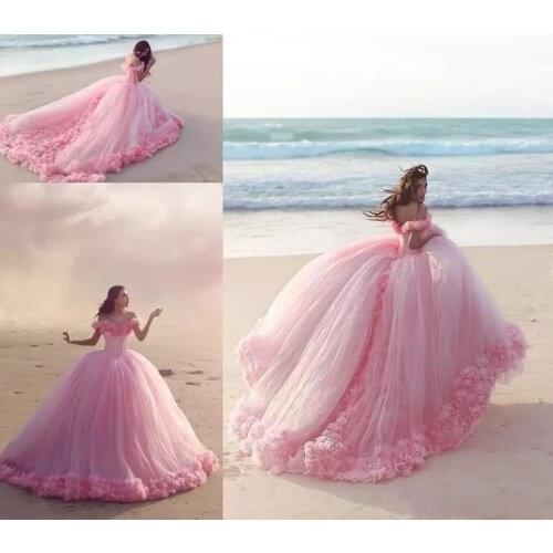 Puffy 2020 Pink Quinceanera Dresses Princess Cinderella Long Ball Gown Sweet 16 Girls Prom Evening Dress Off Shoulder 3D Flower