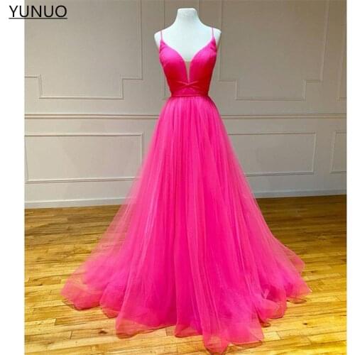 YUNUO A-line Tulle Prom Evening Dresses 2021 Spaghetti Straps robe de soiree Hot Pink Formal Gowns вечерние платья Floor Length