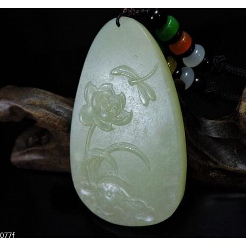 Jade Jewelry Certified Hetian Jade Pendant Hand-Carved dragonfly&lotus flower Jadeite Necklace Pendant Gift No Treatment 077f