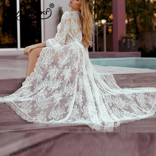 Everkaki Boho Lace Kimonos Coats Women Summer Beach Sexy Transparent Oversize Bohemian Swimwear Chic Robes Outerwear Female 2021