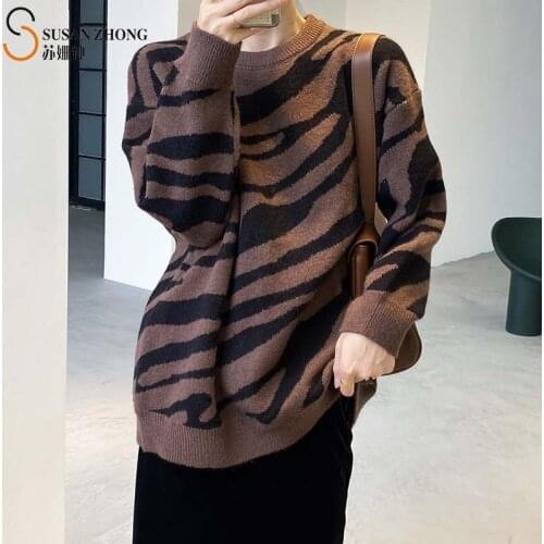 Women Pullovers Female Winter Sweater Leopard Print Elegant Casual Oversize Batwing Sleeve Drop Shoulder Round Neck Autumn