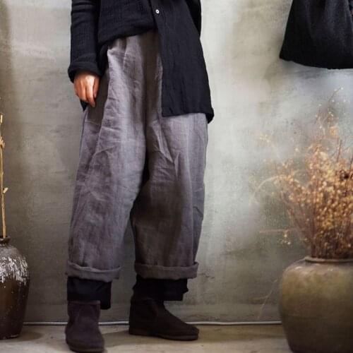 Johnature 2020 New Cotton Linen Elastic Mid Waist Loose Vintage Full Length Pants Spliced Color Casual Women Wide Leg Pants