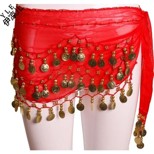 New Women Belly Dance Belt Three Layer Wave 128 Coin Genuine Chiffon Scarfs Skirt Hip Wrap Waist Chain