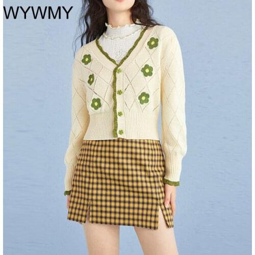 Flower Embroidered Knit Cardigan Women Sweaters 2021 Fashion Hollow Out Sweet V Neck Long Sleeve Top Female Outerwear Chic Tops