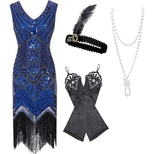 Custom Size S-4XL 20s Womens Vintage 1920s Sequin Beaded Tassels Hem Flapper Dress Accessories Set Black White Blue Red Green