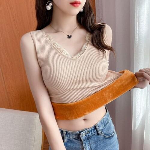 Women 2021 Autumn Winter Fashion Bottoming V-neck Vest Tops Female Lace Slim Vest Top Ladies Solid Color Warm Vest Tops D468