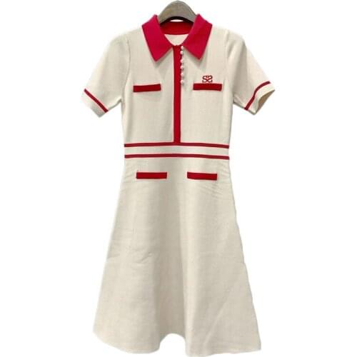 2021 spring and summer new s family French polo collar pearl buckle waist slim knit Short Sleeve Dress