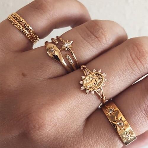 ZHINI 6 Styles Vintage Rings Set For Women Boho Zircon Star Knuckle Finger Ring Female Gothic Gold Color Jewelry Accessories