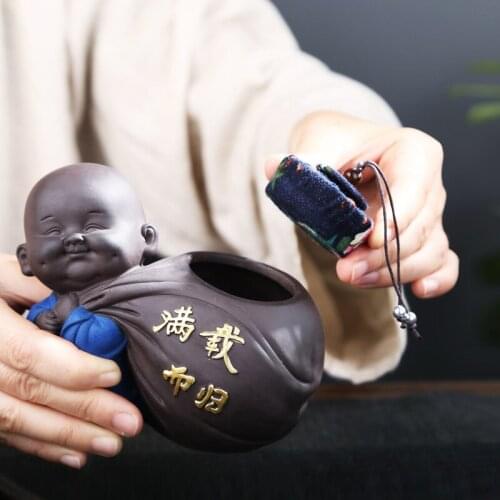 1PCS Ceramic Tea pet Small Buddha Statue Monk Figurine Sealed Cans Flower Pot Purple Ceramic Decoration Tea Accessories