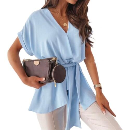 2021 New Summer Women T-shirt Solid Color Short Sleeve V Neck Bandage Loose Top for Work Casual Loose T Shirt