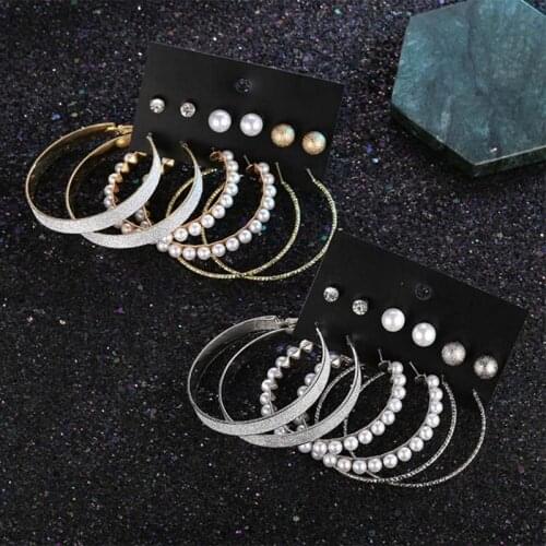 6 Pairs/set Punk Style Oversize Big Round Gold Hoop Earrings Set For Women Statement Jewelry Female Fashion Pearl Circle Earring
