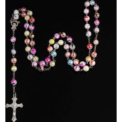 8mm Soft Ceramic Clay Beads Rosary Pendant Necklace Alloy Cross Virgin Mary Center Catholic Christian Religious Jewelry
