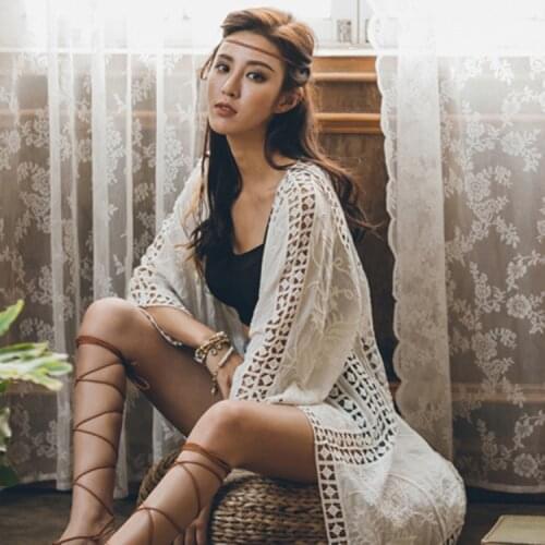 DUISNENA boho blouse cotton white cardigan floral embroidery hollow out vintage Kaftan Kimono beach bikini cover up swimsuit