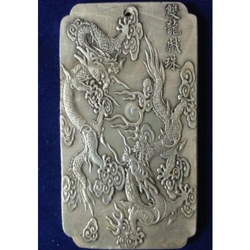 Exquisite Old Chinese Tibet Silver Double Dragons thanka amulet plate