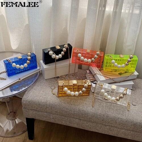 Summer New Acrylic Transparent Women Handbags Small Pearl Handle Shoulder Messenger Purses Female Evening Clear Party Tote Bolsa