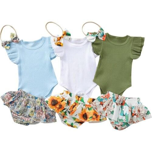 New Three Piece Baby Girl’s Clothes Fresh Solid Color Fly Sleeve Romper and Flower Short Pants with Headband Set