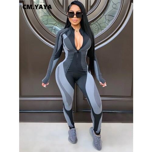 CM.YAYA Patchwork Zipper Bodycon Jumpsuit for Women Sexy Club Partywear One Piece Overall Moto Biker Active Rompers Fall winter