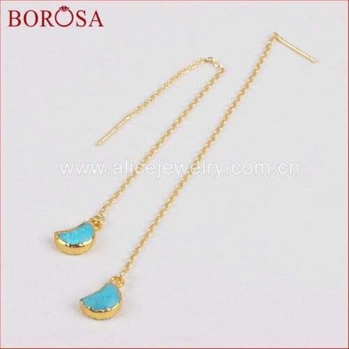 BOROSA Gold Electroplated 100% Natural Blue Howlite Moon Threader Earrings Fashion Jewelry Druzy Stone Dangle Drop Earring G1244