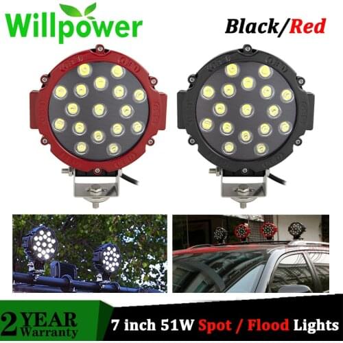 Willpower High Power 7 inch 51W LED Work Light Spot Flood Driving Fog Lights fo Offroad UTE 4x4 4WD BOAT SUV Truck Black Red