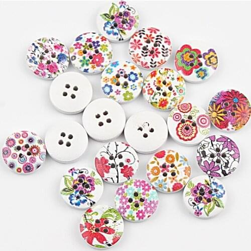 50pcs Mixed Flower Painting 2/4 Hole Round Wooden Buttons For Clothing Scrapbooking Sewing Accessories Diy Buttons Crafts 15mm