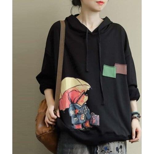Plus Size Girls Long Sleeve Hooded Autumn Spring Loose Print Fashion Sweatshirt Female Casual Pullover