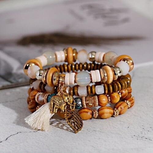 Tibetan Wood Beaded Bracelets Set For Women Vintage Elephant Leaf Pendant Charm Ethnic Tassel Tribal Wristbands Bracelets Men