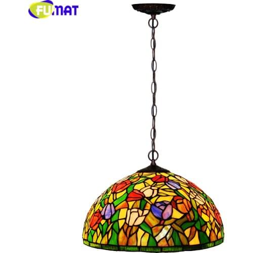 FUMAT Stained Glass Pendant Lamp European Gadern Tulips Shade Glass Art Lamp Living Room Kitchen LED Suspension Pendant Lights