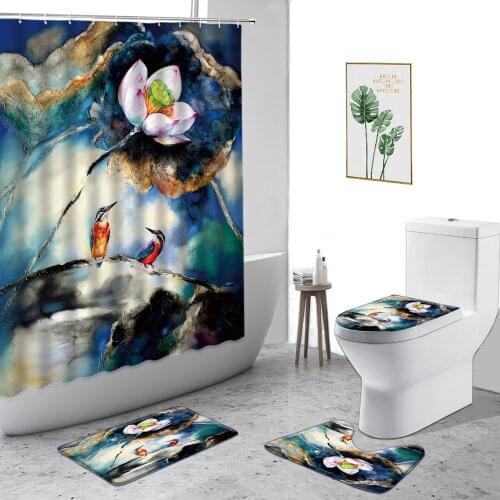 Lotus Shower Curtain Color Oil Painting Flowers Bathroom Decor 4-Piece Set Non-Slip Carpet Toilet Cover Bath Curtains Washable