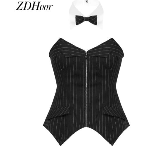 Womens Fashion Strapless Zipper Front Lace-up Back Striped Corset Basque Waist Cincher Bustier Lingerie Tops Party Outfits