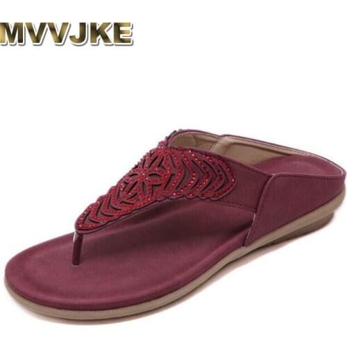 MVVJKE New Women Sandals Bohemian Rhinestones embroidered Beach Flip Flops summer fashion Comfortable Flat Shoes Women slippers