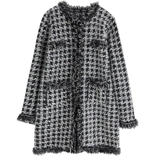 Vintage Tweed Open Stitch Woolen Jackets Women Fashion Winter V Neck Long Jacket Elegant Ladies Pockets Coats