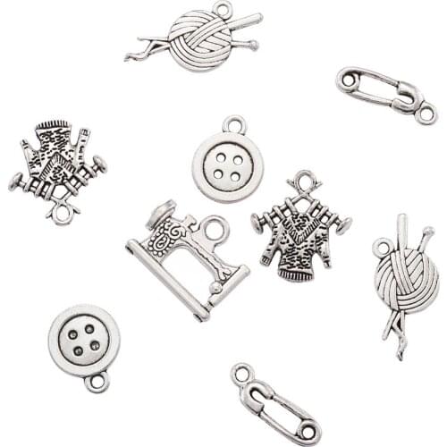 1 Set Sewing Theme Tibetan Style Zinc Alloy Pendants, Sweater, Yarn, Sewing Machine, 4-Hole Button, Safety-pin