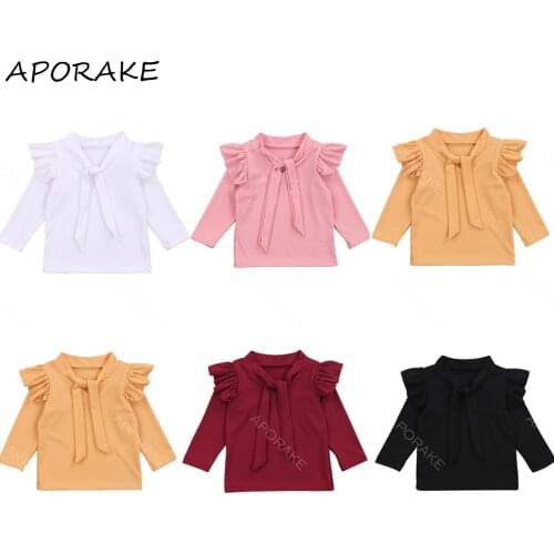 2020 0-5Y Autumn Toddler Baby Girl Blouse Top Cute Bandage Collar Ruffle Shoulder Solid Color Long Sleeve Shirt Soft Clothes