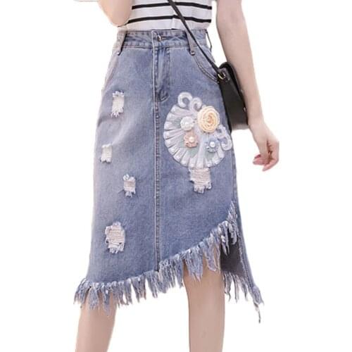 2020New Summer Fall Women High Waisted Beading Appliques Tassel Denim Skirt Female Woman Irregular Ripped Hole Jeans Skirts J241