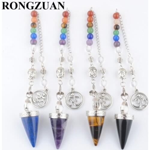 4Pcs/Lot Stone Cone Pendulums Crystal 3D Buddha 7 Chakras Chain Reiki Pendulum For Dowsing Pendule Radiestesia Pendulo TBN452