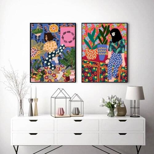Abstract Fashion Vintage Girl Plant Dog Wall Art Canvas Painting Nordic Posters And Prints Wall Pictures For Living Room Decor