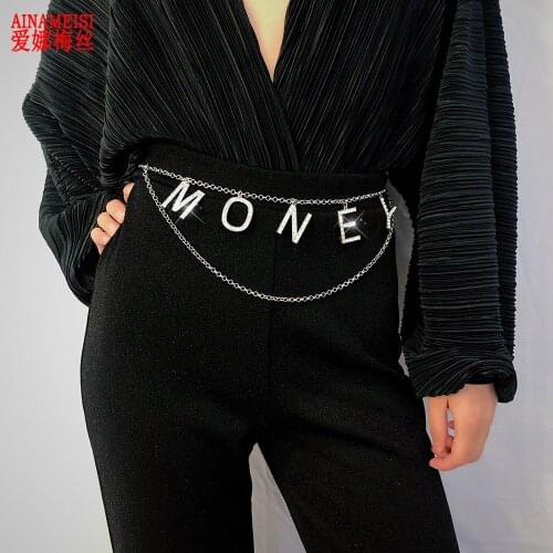 AINAMEISI Sexy Belly Waist Chain Fashion Crystal Rhinestone Letters MONEY Belt Body Jewelry for Women Party Dress Accessories