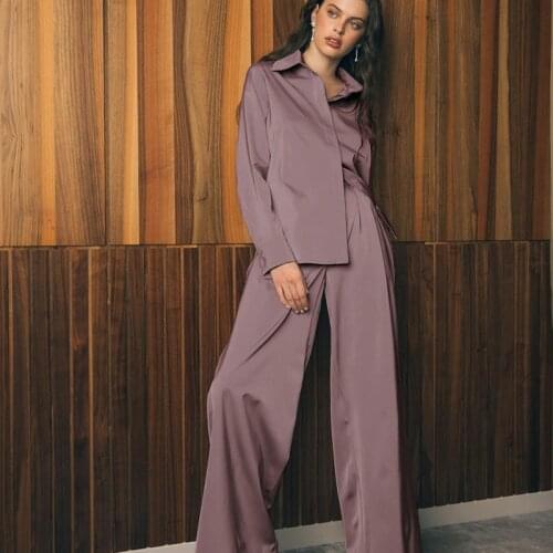 Satin Pajamas Set Women 2 Pieces Suit Long Sleeve Buttons Shirt Top Casual Loose Wide Leg Pants Solid Satin Homewear Spring 2021