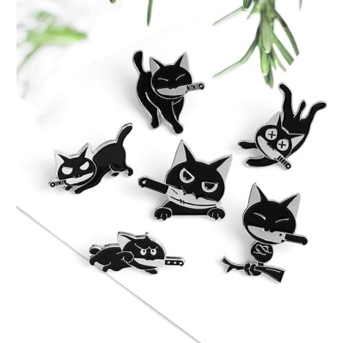 Cartoon Black Cat Brooch Ninja cat Kung Fu cat Custom Brooches Bag Clothes Lapel Pin Punk Animal Badge Jewelry Spille