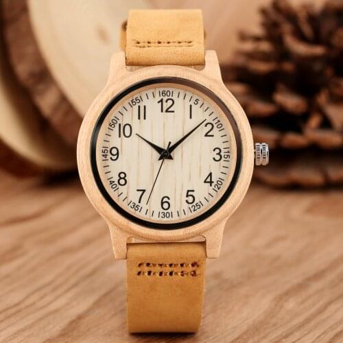 Simple Pure Maple Wood Womens Watch Timepiece Digital Display Genuine Leather Quartz Wristwatch Exquise Casual Ladies Watches